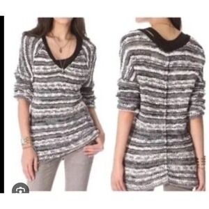 Free People Sweater Size S V Neck Black White Gray Nubby Knit Cotton Wool Size M
